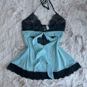 Vintage Frederick's of Hollywood Mesh & Lace Backless Halter Babydoll Slip